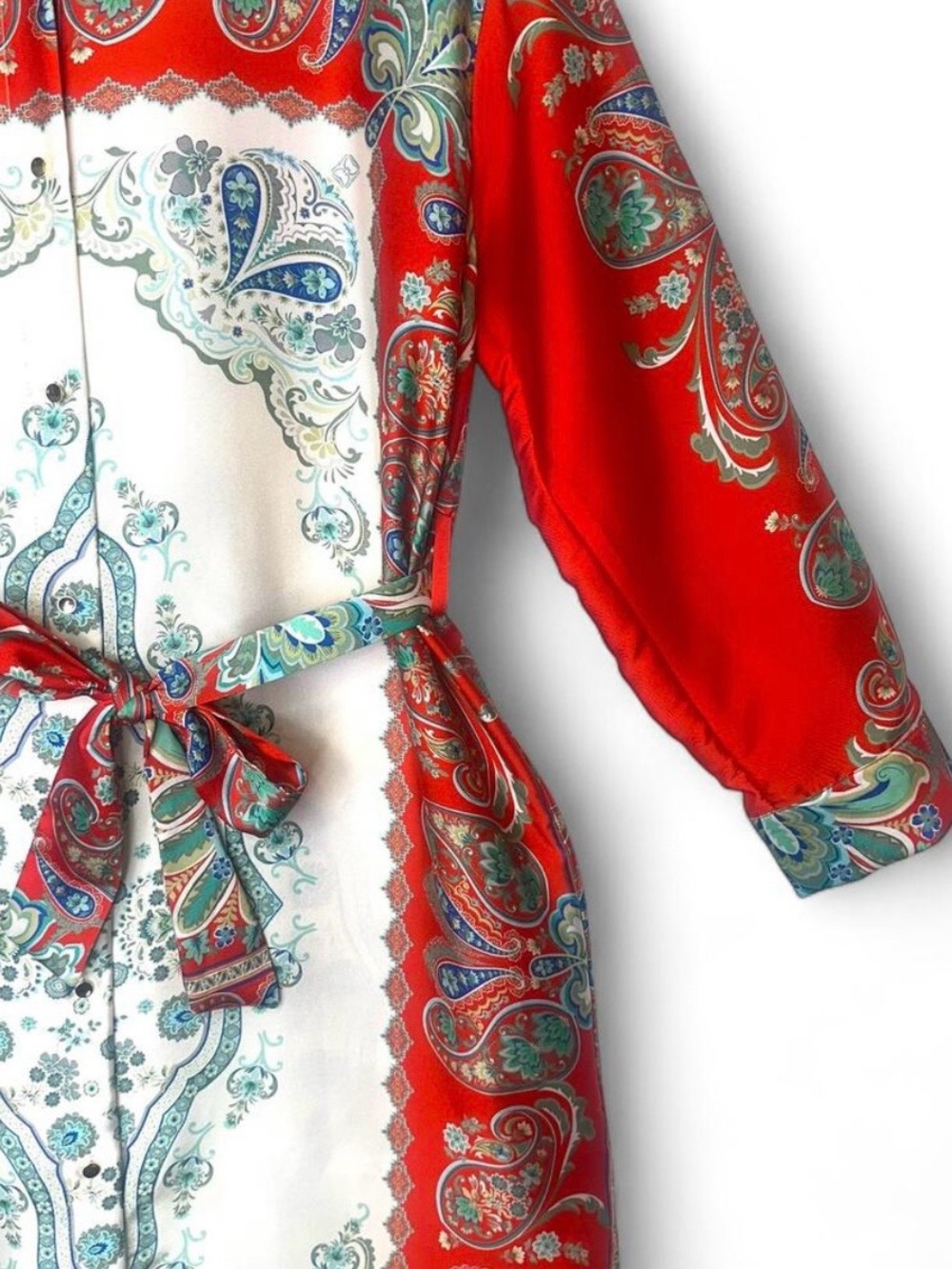 Zara Printed Shirt Dress Size S Red Multi Paisley Floral Satin Button Midi Dress